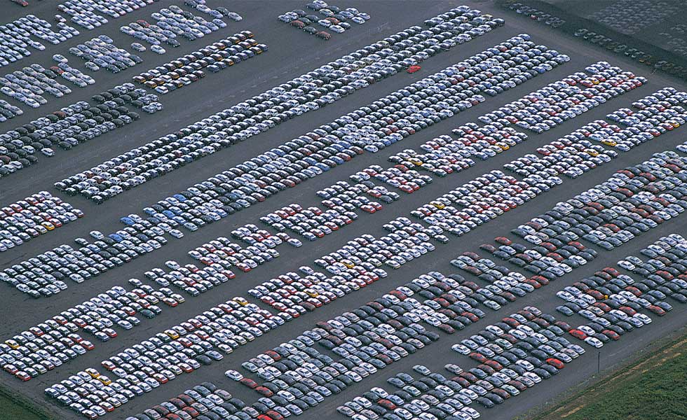 Aerial shot of parked cars